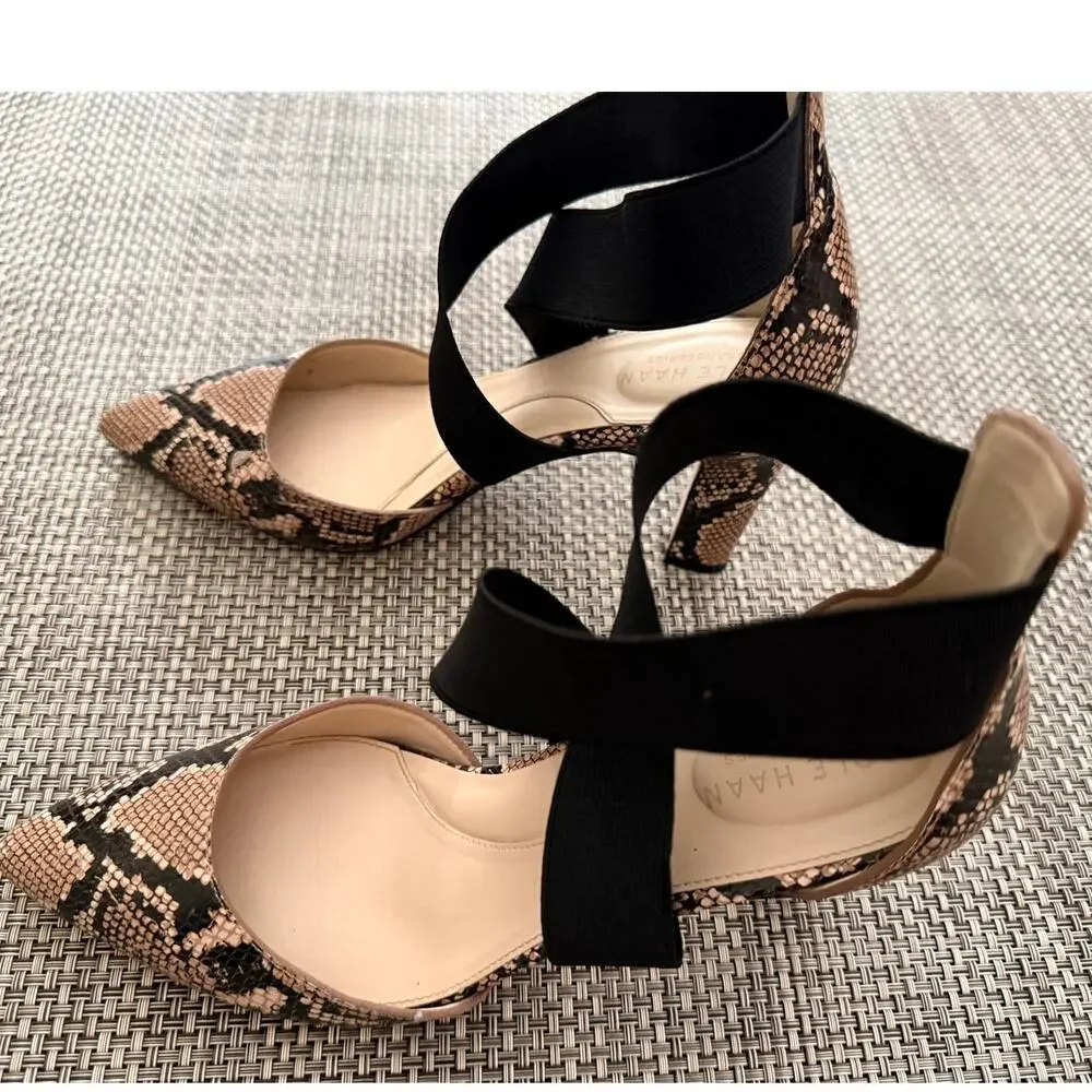 COLE HAAN Cole Maikki Elastic Criss Cross Snake Skin Pumps Heels 7.5 Beige Brown